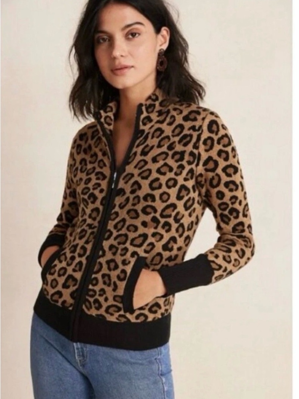 Rachel Zoe Leopard Print Mock Neck Zip Front Cardigan Size Medium